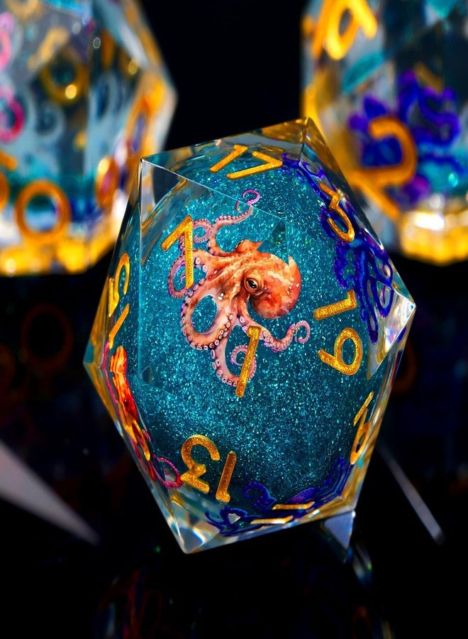 Froggod Octopus Liquid Core DND Dice Set, 7Pcs Sharp Edge D&D Dice with Gift Box, for Dungeons and Dragons RPG MTG D and D Role Playing - Blue Resin - Image 1